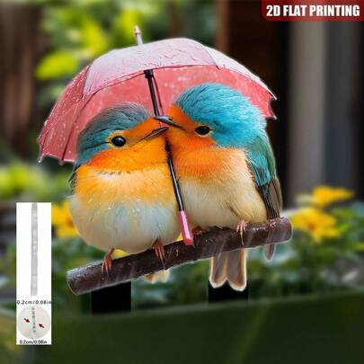 Thiết kế 2D, 1 chiếc trang trí sân vườn hình chim và ô kiểu cổ điển, cọc trang trí sân vườn bằng acrylic mùa hè, có hình ô màu xanh ngọc và hồng với đầu ô màu đỏ, thích hợp cho trang trí ban công/sân hiên/ngoài trời, tuyệt vời cho đám cưới và cây cảnh trong chậu - Trang trí sân vườn ban công và chim - Chống chịu thời tiết (không cần điện)