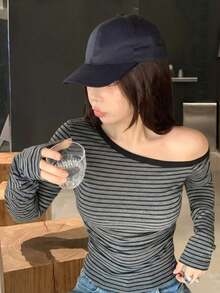 Women's Spring/Summer Slouchy Striped Knit Tank Top, Design-Driven Slim-Fitting Slimming Innerwear Top - Grey - View 5