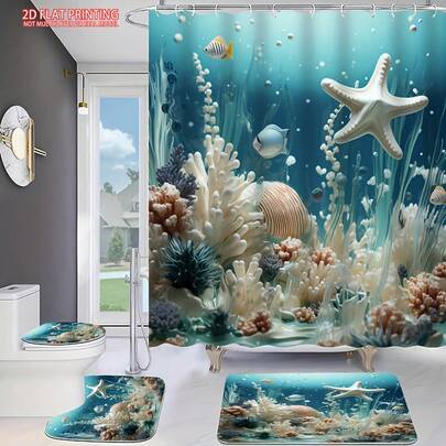 1/4-Piece Ocean Series Blue Coral Print Shower Curtain Set – Decorative Bathroom Set Including Shower Curtain, Non-Slip Floor Mat, Toilet Lid Cover, Bath Mat, And 12 Plastic Hooks – Bathroom Accessories & Home Decor