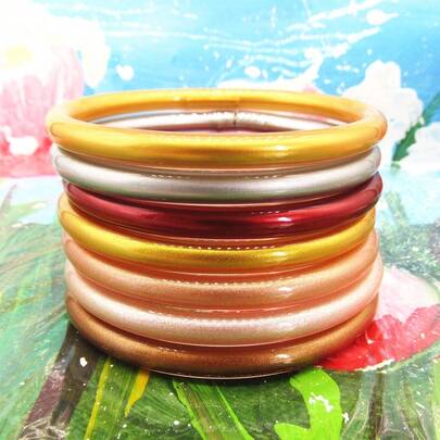 7 pièces/set Bracelets joncs en gelée de couleur métallique, mélange de bracelets joncs en gelée Bouddha. Bracelets d'amitié pour femmes, bijoux