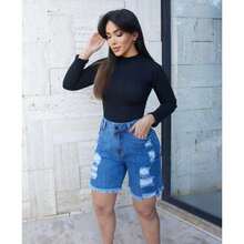 Short Jeans 36 ao 46 Jorts Meia Coxa Destroyed 100% Algodão Feminino - Azul - Visão 3