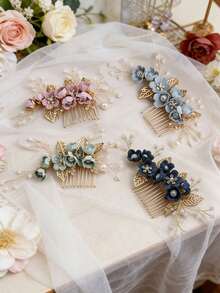 1pc Light Pink Flower & Pearl Handmade Hair Comb Accessory For Women - White - View 5