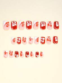 24片玫瑰红花卉、条纹、波点亮面法式美甲假指甲，优雅百搭，适合约会、派对、春夏秋冬日常佩戴，可卸式按压指甲套装，包含果冻胶和指甲锉，果冻胶颜色随机。 - 彩色 - 查看 3