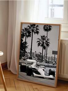 1pc Frameless Striking Black And White Racing Art Print, Vintage Racing Photography, Palm Tree Poster, Suitable For Bedroom, Dorm, Party Gift - Car - View 4