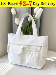 Multi-Pocket Solid Color Large Capacity Tote Bag, Simple And Lightweight, Fits Laptop , Purple - Purple - View 1