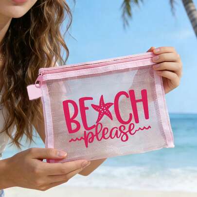 Large Capacity Beach Letter Pattern Cosmetic Bag, Beach Bag, Mesh Print Bag