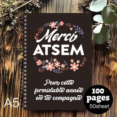 1 pieza Cuaderno "Gracias" con diseño floral para ATSEM - Espiral negro, 100 páginas, regalo perfecto para maestros, despedida, graduación o cumpleaños, planificador de lista de verificación diaria, cuaderno con diseño floral elegante, cuaderno de papel, cuaderno y diario