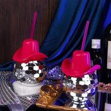 1pc 20oz Silver Mirror Disco Ball Tumbler With Removable Pink Cowboy Hat, Aesthetic Disco Theme Party Cup With Straw, Creative Western Girl Gift & Fun Bar Accessories (600ml) - Silver - View 2