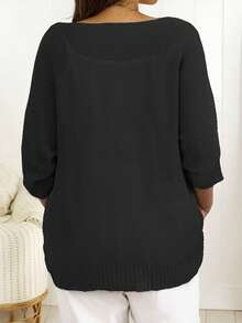 Pullover Wanita Longgar Kasual Warna Polos Leher Bulat Oversized Lengan Pendek Semi-Transparan, Musim Semi/Panas Hitam - Hitam - View 2