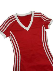 Women's Slim Fit Casual Striped Short Sleeve V-Neck Dress, Fashionable Casual Design Elegant Red Summer - Red - View 5