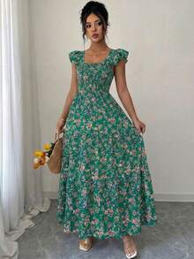 Summer Square Neck Backless Smocked Floral Dress Women's Sleeveless Ruffle Trim Tiered Cami Midi Beach Vacation Dress - màu xanh lá - Xem 5