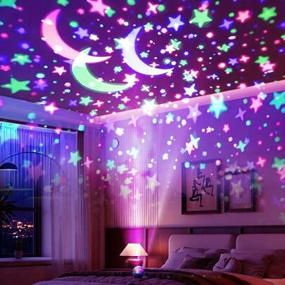 1个黑色星月投影夜灯 - USB供电，适用于床头、卧室氛围照明，旋转投影灯，非常适合万圣节、圣诞节、生日礼物