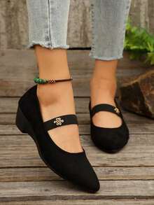 Women's Elastic Strap Strap Wedge Soft Sole Comfortable Pointed Toe Black Canvas Flat Shoes, Plus Size - 黑色 - 查看 3
