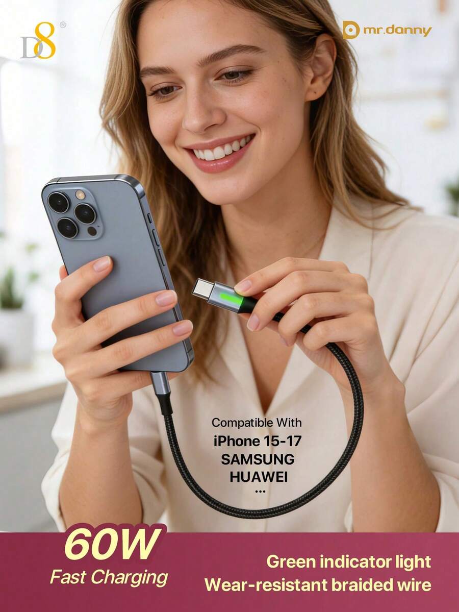 D8 60W LED Type C To Type C Fast Charging Cord, Keychain Portable Data Fast Charger Cable, Compatible With Phone 15 16 Pro Max, For Phone 17/17 Pro, For Phone Air, Compatible With S24 S23 S22, USB-C To Type-C Fast Charger Cable, USB Type-C Mobile Phone Charging Data Cable, Compatible With Galaxy S25 S24 S23 S22 S21 S10, Note 20 10 9 A51 G8 G7, Pixel, One Plus And Other Mobile Phones Fast Charging USB C - Multicolor - View 1