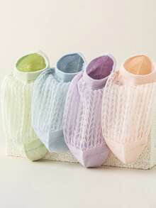 3/5 Pairs Macaron Color Mesh Invisible Women Boat Socks, Summer Thin Low-Cut Non-Slip Breathable Shallow Socks - Multicolor - View 1