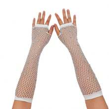 2pcs Women's 1980s Neon Street Party Punk Rhinestone Fishnet Fingerless Gloves, Halloween Party Carnival Mother's Day Gift - Multicolor - View 8