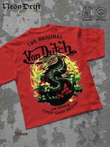 2026 New Arrival Unisex  Snake Graphic T-Shirt, Summer Cotton Pink Crew Neck Short Sleeve Oversized Tee, Vintage Los Angeles Chop Shop Print Casual Top For Streetwear & Y2K Outfits, Camiseta De Cuello Redondo - 紅色 - 查看 3