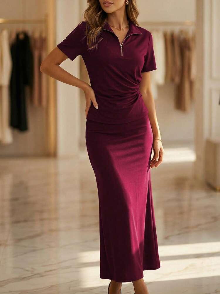 2pcs Set Women's Commuter Style Half Zip Collar Pleated Knit Burgundy Short Sleeve Top And Mid-Length Fishtail Hem Skirt Set, Fashionable Workwear Elegant Set, Twist Waist Slimming, Spring/Summer, Commuter Chic Slimming Set, Commuter Style, French Retro, Elegant Lady, High-End, Date Outfit, Light Formal Occasion, Mother's Day Gift - Burgundy - View 4