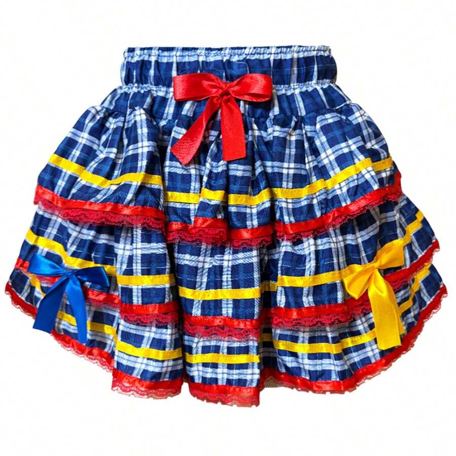 Junior/Adult June Festival Skirt, Country Style Checkered, Round, Square Dance, Saint John's Day, Ruffled, Printed - Blue - View 1
