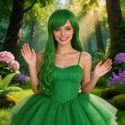 Vibrant Green Long Wavy Cosplay Wig With Bangs For Women - Premium Heat-Resistant Synthetic Fiber, Natural Curly Ends, Full And Fluffy Style -Perfect For St. Patrick's Day, Anime Cosplay, Holiday, Comic Con, Party Costume And Daily Fashion. Natural Looking, Easy To Style And Maintain, Adjustable Breathable Cap Fits Most Head Sizes, Great Gift For Birthday
