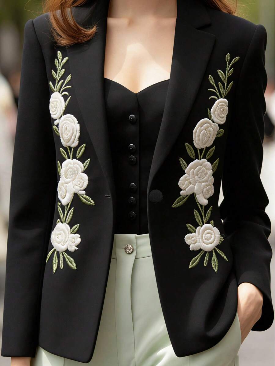 Women's Fashion Embroidered Blazer Jacket, Suitable For Daily Commute, Gatherings, And Weddings Black Spring