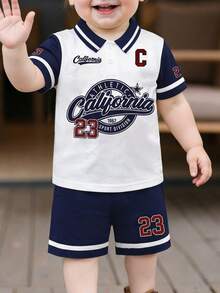2pcs Baby Boys' Spring/Summer Outfit, Letter Print Polo Shirt + Casual Shorts Set, Suitable For 9 Months To 3 Years Old Toddlers Daily Wear - White - View 5