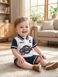 2pcs Baby Boys' Spring/Summer Outfit, Letter Print Polo Shirt + Casual Shorts Set, Suitable For 9 Months To 3 Years Old Toddlers Daily Wear - White - View 4