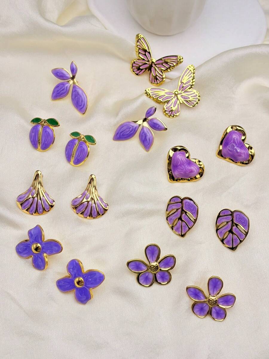 16pcs 8 Pairs Stainless Steel Light Purple Earrings Set, Including Heart, Leaf, Butterfly, Four-Leaf Clover And Flower Designs. French Romantic Style. Stainless Steel Women's Earrings, Loved By Women And Girls. Perfect As Wedding, Holiday And Party Gifts. Summer Beach Style.