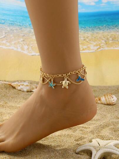 1pc Ocean Style Starfish & Shell Decor Blue Double-Layer Bracelet For Women, Suitable For Beach Vacation