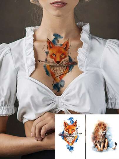 2 Folhas de Tatuagem Temporária de Arte Corporal de Tamanho Grande, Unissex, Padrão Colorido de Raposa e Leão Estilo Japonês, Tatuagem Falsa À Prova d'Água, Duração de 2 a 5 Dias, Pode Ser Usada nos Braços, Peito, Cintura, Costas e Pernas, Adequado para Festivais, Festas, Feriados e Festivais de Música.