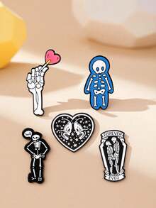 1/5件装骷髅臂章，心形骷髅徽章，服装背包配饰，暗黑哥特式骷髅合金翻领别针 - 彩色 - 查看 2