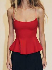 Women's Summer Flared Hem Camisole Fashionable Sleeveless Open Back Solid Color Crop Tops Stylish Spaghetti Strap Slim Fit Side Zipper Up Tops Daily Streetwear - Đỏ - Xem 1