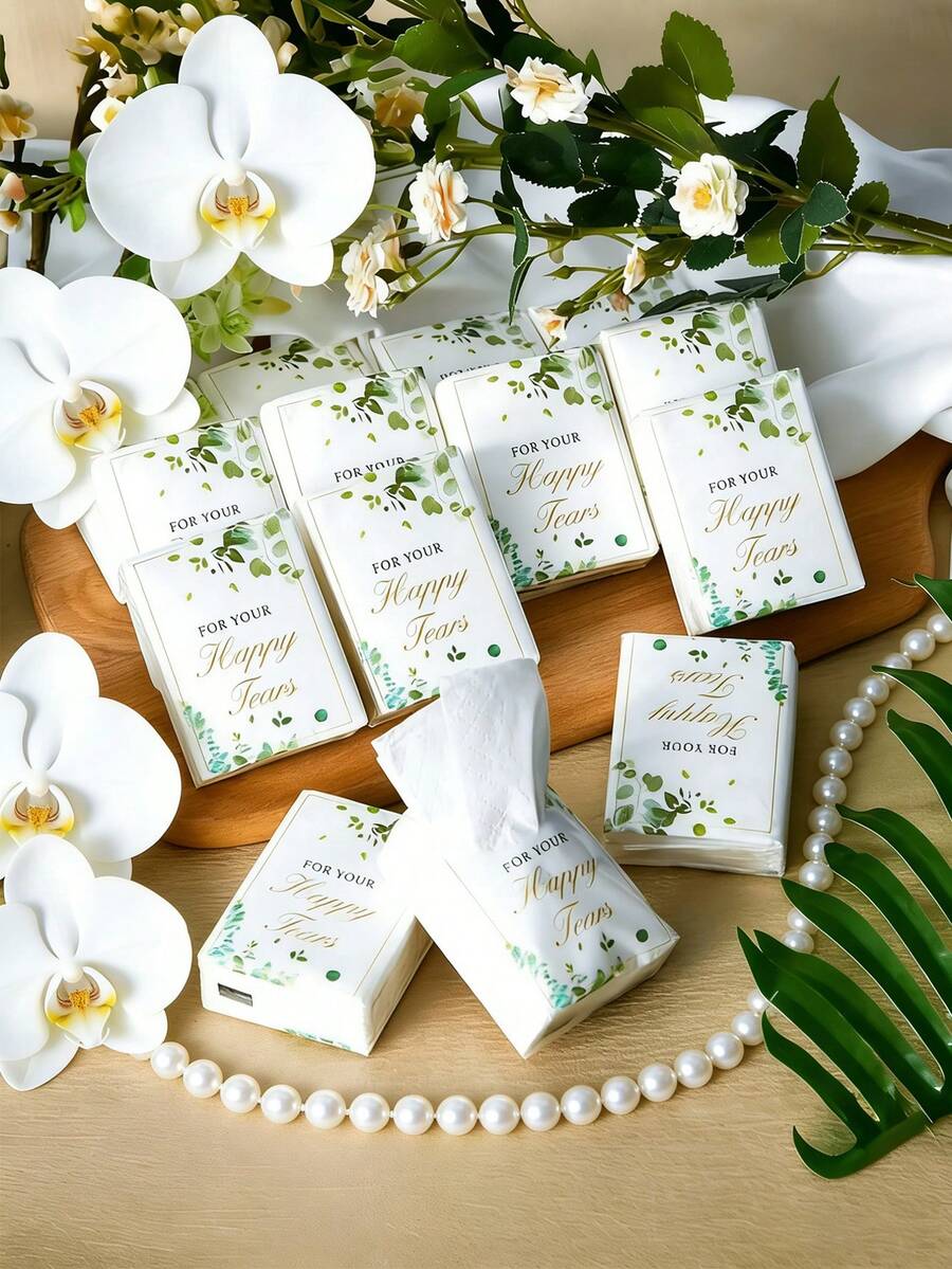 20/10/1pc Soft Facial Tissue Paper "Tears Of Happiness", Green Leaf Decorated, Suitable For Engagement, Wedding Parties, Witnessing Joyful Moments, Bride & Groom Wedding Supplies - A - View 1