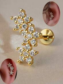 1 pieza Pendiente de cartílago de flor de circonita cúbica de acero inoxidable de 18G con rosca interna, para hélice, trago, concha, roca, lóbulo plano, perforación de labio, joyería de labrete - Un par de pendientes de flores de circonita plana. - Ver 3