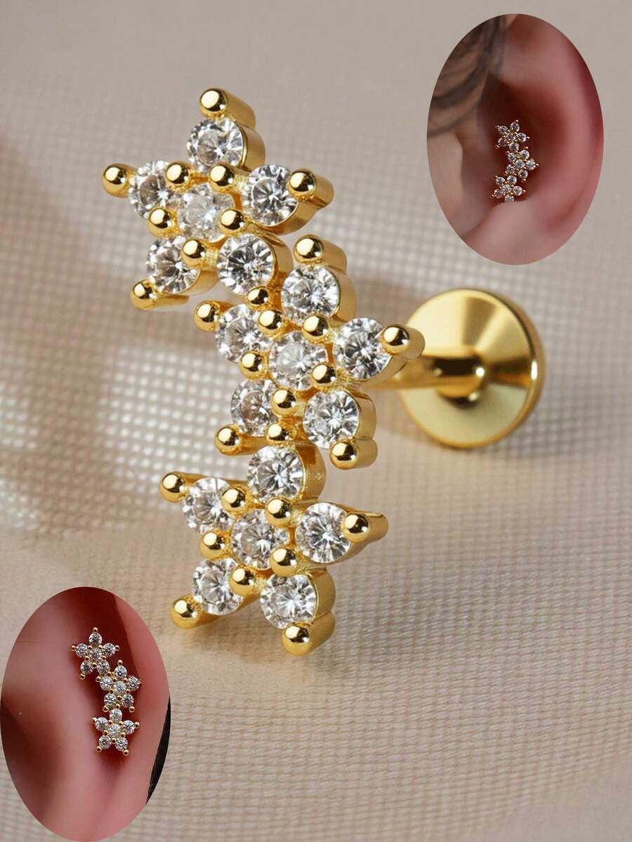 1 Chiếc khuyên tai sụn hình hoa bằng thép không gỉ 18G đính đá Cubic Zirconia, kiểu dáng ren trong, thích hợp cho xỏ khuyên tai ở vành tai, vành tai trong, vành tai ngoài, dái tai, kiểu dáng tiêu chuẩn, tinh tế, mạ vàng, dùng cho môi, labret. - Một đôi bông tai hoa zircon phẳng - Xem 1