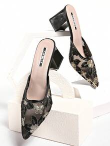 New Chinese Style White High Heel Mules, Pointed Toe Lace Embroidery Convertible Sandals For Women - Black - View 3