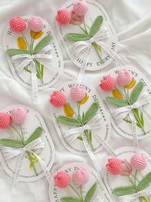 Bó hoa tulip móc thủ công, quà tặng Ngày của Mẹ, đồ thủ công bằng len, thiệp chúc mừng cho bạn bè - Hồng - Xem 3