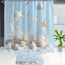 1/3/4 件装白色珊瑚海星图案浴帘，配 12 个塑料挂钩，浴室防滑垫，U 型马桶盖套，现代家居装饰浴室配件，浴室浴帘套装，家居装饰，浴室装饰 - A - 查看 2