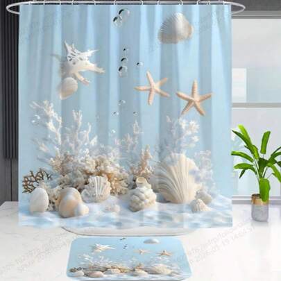 1/3/4 件装白色珊瑚海星图案浴帘，配 12 个塑料挂钩，浴室防滑垫，U 型马桶盖套，现代家居装饰浴室配件，浴帘套装，家居装饰，浴室装饰