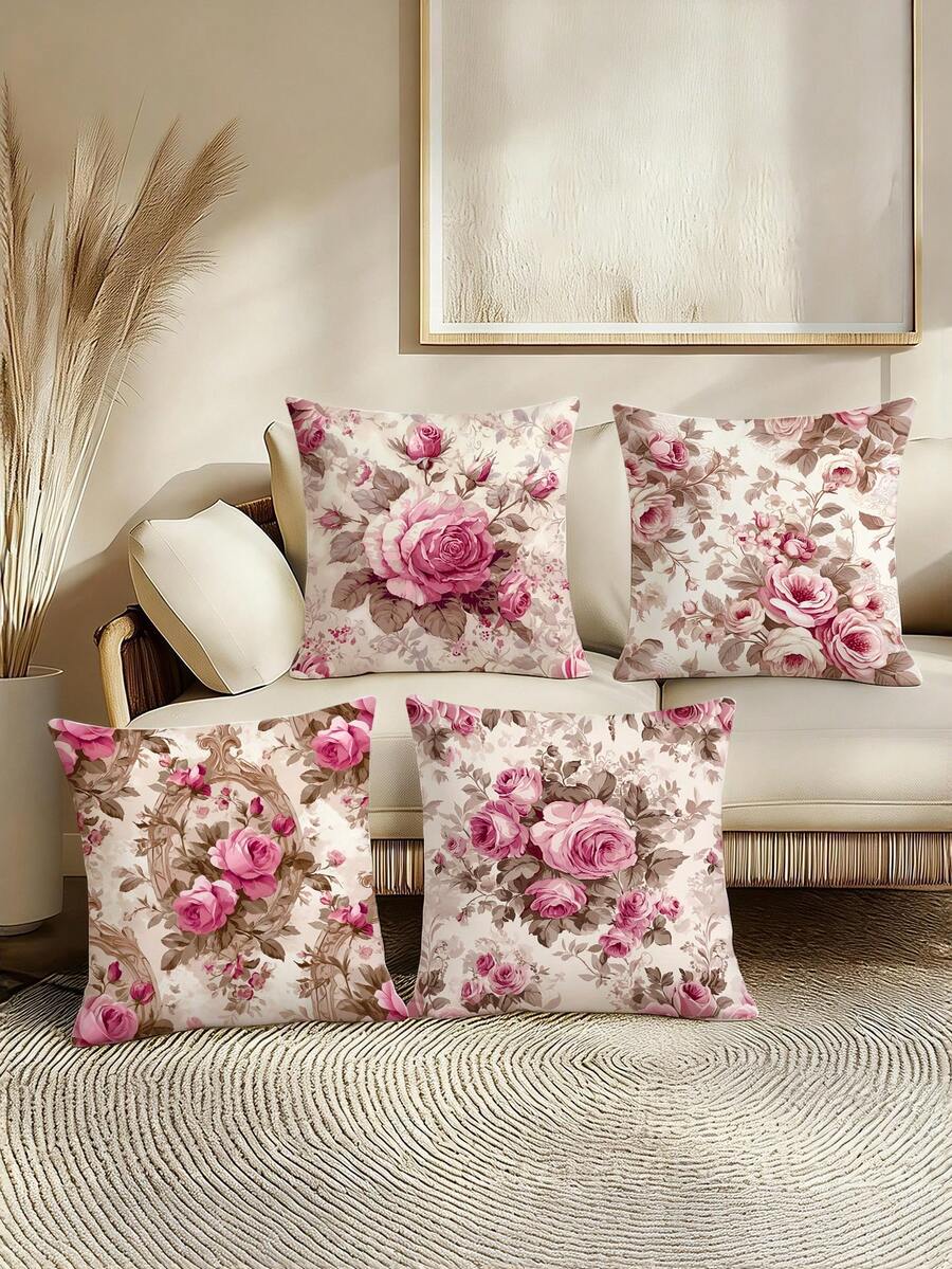 4pcs Rose Velvet Pillow Covers, Vintage Peach Skin Soft Pillow Covers, Single-Sided Printed Cushion Covers, Rose Theme Decor, Birthday Party Decor, Birthday Girl, Pink Bow Decor, Mother's Day Gift, Bridal Shower Decor, Machine Washable, Living Room Decor, Sofa Styling Decor, Home Decor, Bedroom Decor, Holiday Decor, Party Favors, Baby Shower, Creative Gift (Pillow Inserts Not Included)