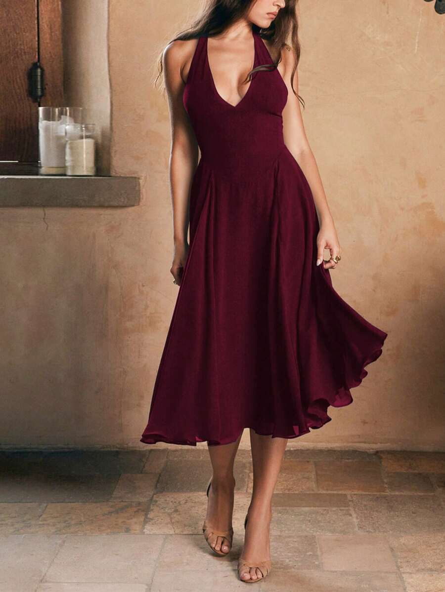 Women's Casual Solid Color Spaghetti Strap Summer Dress, Suitable For Party, Holiday, Sweet Elegant - Burgundy - View 1