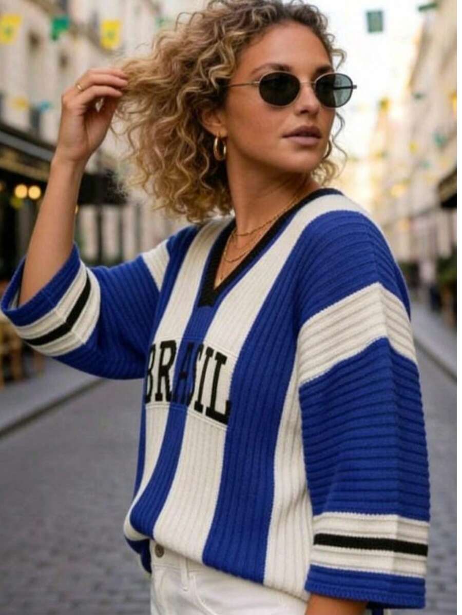 Women's Knit Blouse Brazil V-Neck Long Sleeve World Cup Knit - 藍白色 - 查看 1