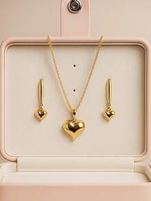 Women's Heart Necklace And Earring Set, 18k Gold Plated - 金色 - 查看 1