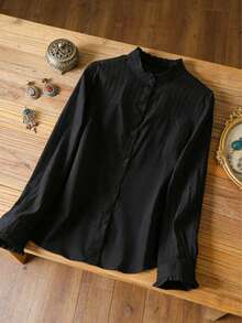 Áo sơ mi nữ màu trơn cổ đứng cài một hàng khuy, kiểu dáng thường ngày đa năng, màu đen. - màu đen - Xem 3