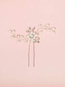 1pc Silver-Tone Faux Pearl & Rhinestone Decor Bridal Hair Clip, Floral U-Shaped Hair Accessory Suitable For Wedding And Party,Summer,Beach - Silver - View 12