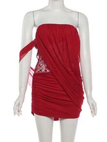 优雅红色露肩紧身连衣裙，撞色网纱设计，无袖弹力针织迷你连衣裙 - 紅色 - 查看 7