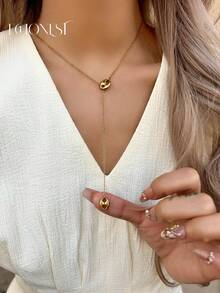 1pc Stainless Steel Gold-Tone Rhinestone Letter C Pig Nose Pendant Y-Necklace, Party Accessory - Yellow Gold - View 5