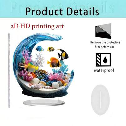 Cute Ocean Acrylic Stand, 2D Flat Tropical Fish Wave Decor, Reusable Waterproof Ornament For Desk & Room Aesthetic