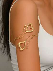 1pc Fashionable Unique Hollow 3D Heart Open Adjustable Metal Cuff Bracelet Suitable For Music Festivals, Dance Parties And Events (Heart Direction Random) - Gold - View 1