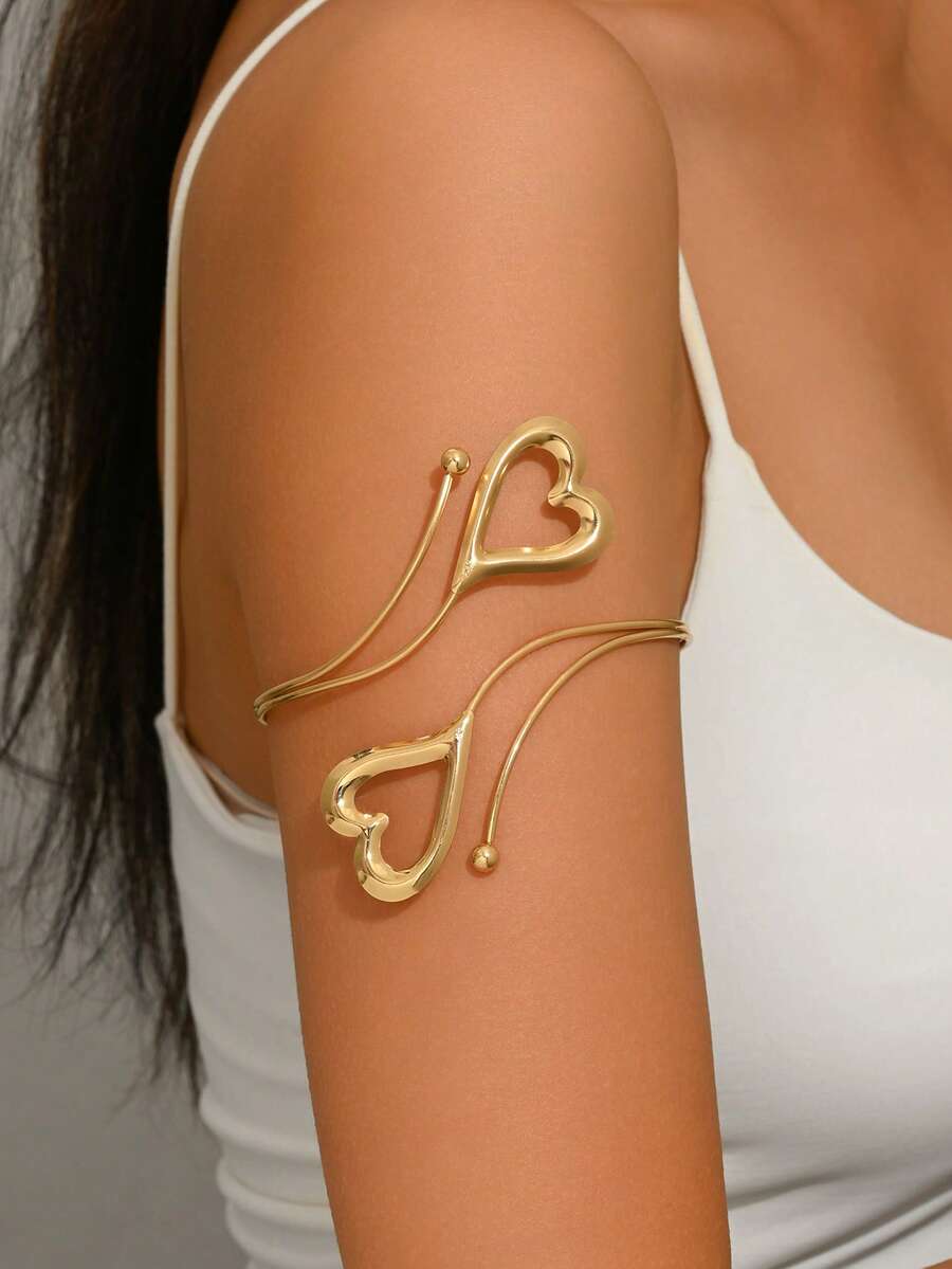 1pc Fashionable Unique Hollow 3D Heart Open Adjustable Metal Cuff Bracelet Suitable For Music Festivals, Dance Parties And Events (Heart Direction Random) - Gold - View 1